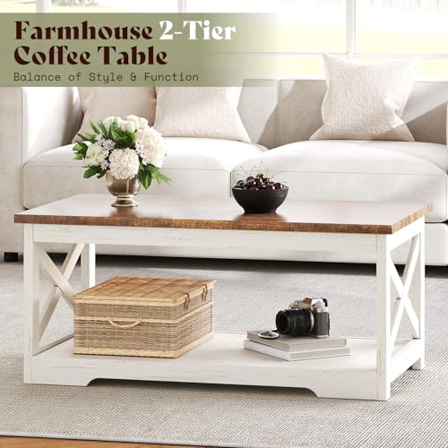AMERLIFE 3 Piece Farmhouse Living Room Coffee Table Set, Distressed White | Coffee Table & 2 End Tables with Charging Station and USB Ports, Farmhouse Style, Barn Door Design, Living Room Furniture - color: Distressed White