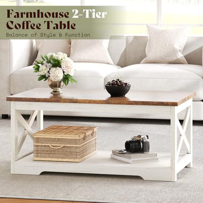 AMERLIFE 3 Piece Farmhouse Living Room Coffee Table Set, Distressed White | Coffee Table & 2 End Tables with Charging Station and USB Ports, Farmhouse Style, Barn Door Design, Living Room Furniture - color: Distressed White