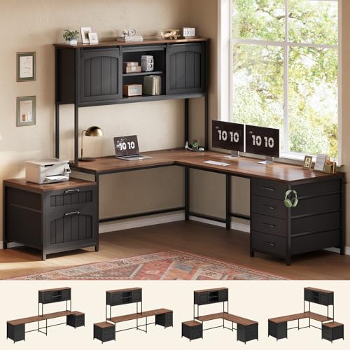 SEDETA Reversible Farmhouse L Shaped Office Desk with 6 Drawer, Hutch | Computer Corner Desk with Power Outlet, File Drawer & Printer Storage Shelves, for Home Office/Two Person, Black - color: Black