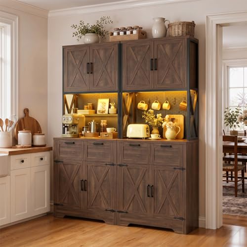 Unikito 71" Tall Kitchen Pantry Cabinet with Microwave Countertop, 63" Wide | Weathered Brown, Large Kitchen Hutch Storage cabinet with Charging Station & LED Lights, Drawers, Doors for Dining Room - color: Weathered Brown, size: 63 Inch