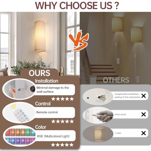 Shenmoyl Adhesive Battery Operated Wall Sconce Set of 2, 6000 mAh Battery Rechargeable Bulb with 12 RGB Colors, Stick on Wall Sconce No Drill Wall Lights, Linen - color: Semicylinder