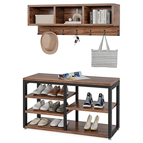 LITTLE TREE Coat Shoe Rack, Hall Tree Entryway Bench Set for Hallway, Living Room, Bedroom, Brown - color: Brown