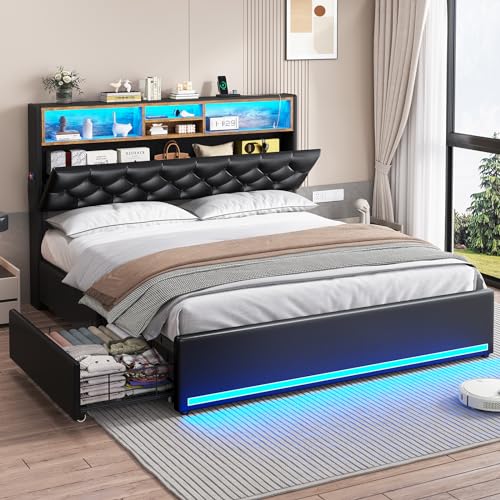 HAUOMS Full Bed Frame with Headboard and 4 Drawers, PU Black Upholstered | Storage Headboard with Charging Station and LED Lights, Modern Platform Bed with 5 Shelf, Noise Free, No Box Spring Needed - color: Pu Black, size: Full (U.S. Standard)