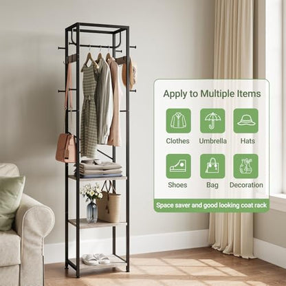 Coat Rack Freestanding, Hall Tree with 3 Shelves and 12 Hooks, Greige | Industrial Metal Frame, Space-Saving Design, Clothes Rack Stand Organizer for Bedroom, Hallway, Entryway, Office, Living Room - color: Greige