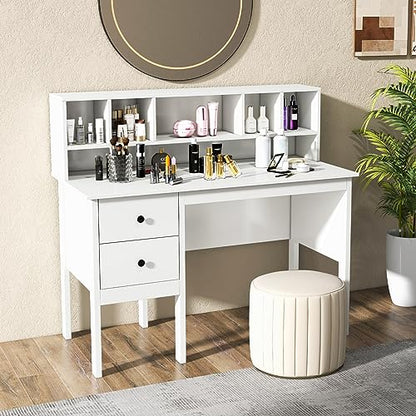 Tangkula White Desk with Drawers & Hutch, Modern Home Office Desk Writing Study Desk with Charging Station, Laptop Desk with 5 Storage Compartments, Computer Workstation Makeup Vanity Desk - color: White