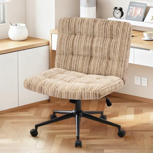Furnimart 360° Swivel Criss Cross Desk Chair Extra-Thick Cushion, Premium Chenille Cross Legged Chair with Wide Seat & Wheels, Comfy Armless Home Office Chair for Bedroom, Vanity, Sturdy (Light Brown) - color: Chenille Light Brown
