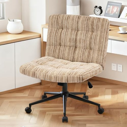 Furnimart 360° Swivel Criss Cross Desk Chair Extra-Thick Cushion, Premium Chenille Cross Legged Chair with Wide Seat & Wheels, Comfy Armless Home Office Chair for Bedroom, Vanity, Sturdy (Light Brown) - color: Chenille Light Brown