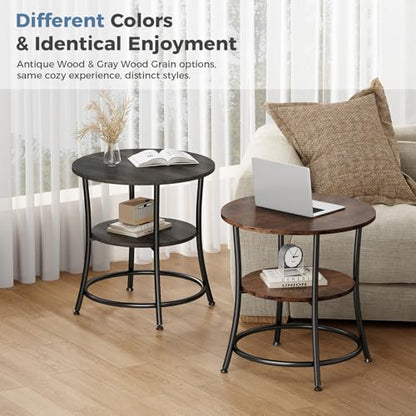OLIXIS 21.85-Inch Round End Table, 2-Tier Side Table for Living Room, Accent Stand with Storage Shelf, Sturdy Metal Frame Nightstand for Small Space, Round Bedside, Rustic Brown and Ink Black - color: Rustic Brown & Ink Black