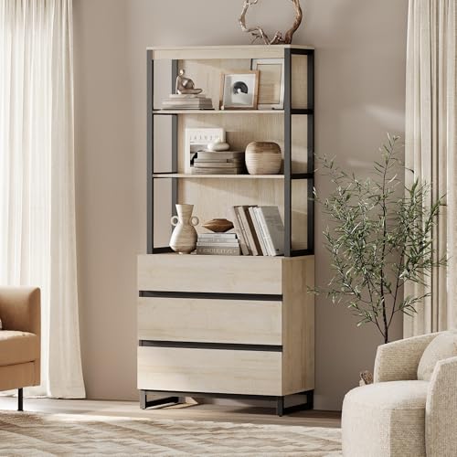 WAMPAT Modern 72" Tall Bookshelf with 3 Drawers and Open Book Shelves, Library Bookcase with Storage Cabinet, Wood Freestanding Book Shelf for Home Office, Living Room, Beige - color: Beige-b, size: 1 PCS