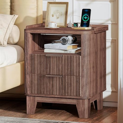 Baoz Walnut Fluted Nightstand with Charging Station & 2 Wooden Drawers | 20" Wide Mid Century Modern Bedside Table Wood Curved Profile Design 27in Tall LED Night Stand - color: Walnut, size: 2 Drawers