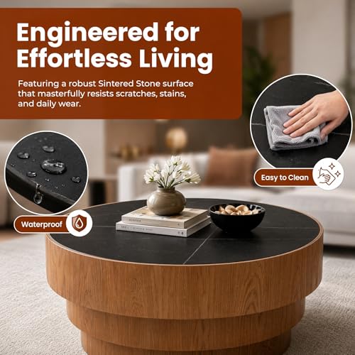 31.5" Round Black Sintered Stone Coffee Table, Mid-Century Modern Marble Coffee Table with Stable Wood Pedestal Base, Circle Drum Cocktail Center Tea Tables for Living Room Bedroom Apartment - color: Black