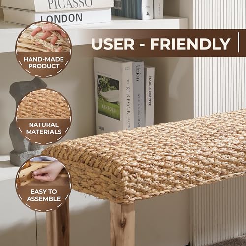 Indoor Wicker Bench 47" Solid Wood Acacia & Natural Woven Seat, Natural Leg | Living Room, Dining Bench or End of Bed Bench, Boho Rustic Farmhouse Style - color: Plait - Natural Leg & Water Hyacinth
