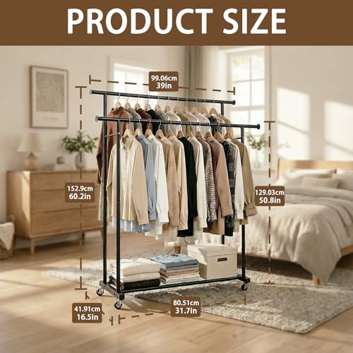 Double Rods Rolling Clothing Rack for Hanging Clothes Portable Wardrobe Rack with Wheels Metal Garment Rack Sturdy Coat Rack with Double Shelves for Bedroom Laundry Living Room, Black