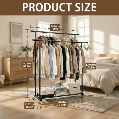 Double Rods Rolling Clothing Rack for Hanging Clothes Portable Wardrobe Rack with Wheels Metal Garment Rack Sturdy Coat Rack with Double Shelves for Bedroom Laundry Living Room, Black