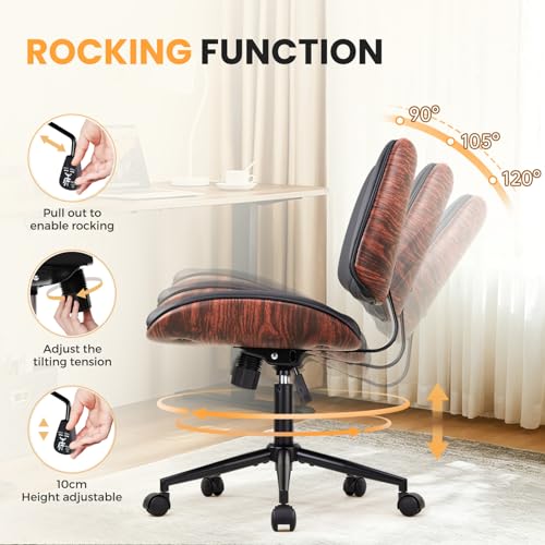 IWMH Armless Desk Chair Home Office Chair with Wheels Walnut PU Retro Chair | Ergonomic Swivel Computer Chair no Arms Mid-Century Adjustable Height Rolling Task Chair for Study Work Small Space Black
