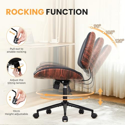 IWMH Armless Desk Chair Home Office Chair with Wheels Walnut PU Retro Chair | Ergonomic Swivel Computer Chair no Arms Mid-Century Adjustable Height Rolling Task Chair for Study Work Small Space Black