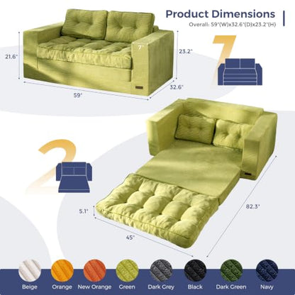 MAXYOYO Folding Sofa Bed, Convertible Sleeper Loveseat with Pillows | 2-Person Fold-Out Loveseat, Convertible Sleeper Bed with Supportive Pillows for Relaxing or Overnight Guests, Dark Grey - color: Green