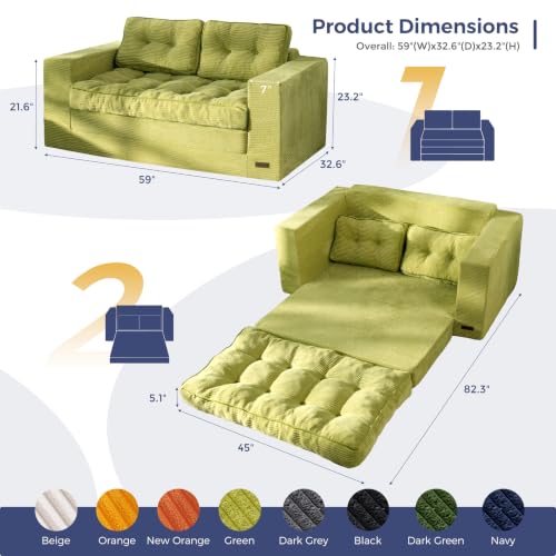 MAXYOYO Folding Sofa Bed, Convertible Sleeper Loveseat with Pillows | 2-Person Fold-Out Loveseat, Convertible Sleeper Bed with Supportive Pillows for Relaxing or Overnight Guests, Dark Grey - color: Green