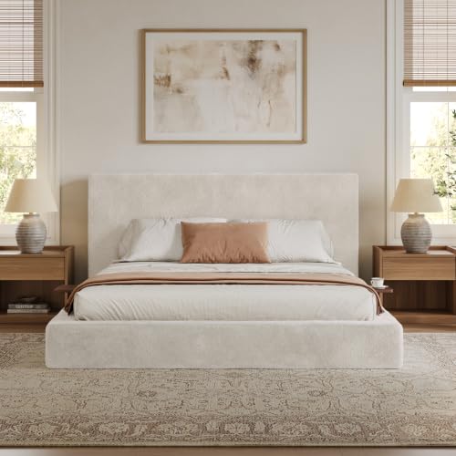 VMU Queen Size Upholstered Platform Bed Frame with Headboard for Bedroom | Modern Soft Cloud Platform Bed with 5.1" Extra-Wide Edge and Adjust 2 Bedside Table, Low Profile, No Box Spring Needed - size: Queen (U.S. Standard)