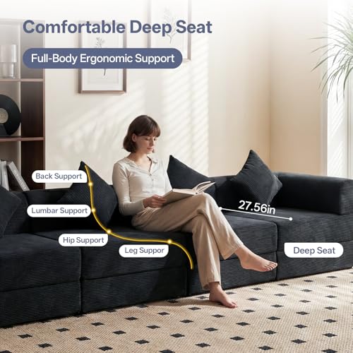 112" L Shaped Modular Sectional Sofa with Ottoman, Cloud Boneless Couch Deep Seat with 4 Pillows, Oversized Folding Sofa Bed Couches for Living Room Bedroom,No Assembly-Black - color: Solid Black, size: 4 Seat