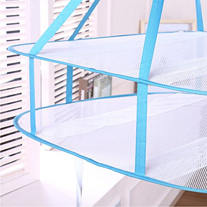 2 Tier Folding Drying Rack, Folding Mesh Clothes Hanging Dryer, Portable Windproof Hanging Laundry Racks with Fixing Band for T-Shirt, Swimsuit, Underwear Outdoor Indoor