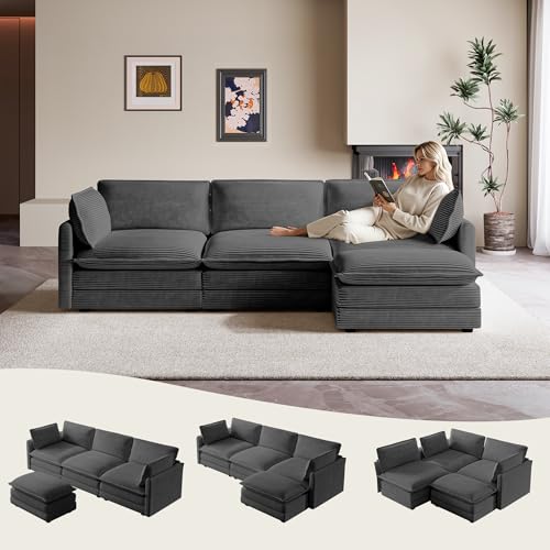 ROWHY 104'' Modular Sectional Cloud Couch with Movable Ottoman, 4 Seat Modern Corduroy Sofa, Deep Seat L Shaped Couch for Living Room Bedroom Apartment, Dark Grey - color: Dark Grey, size: 104''