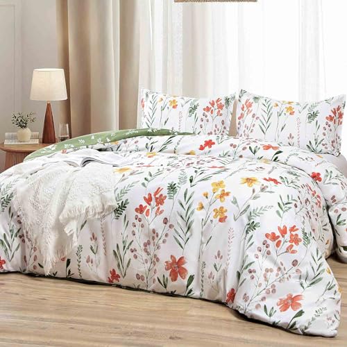 King Size Comforter Set, White Yellow Floral, Green Leaf Pattern Print Reversible Down Alternative Bed Sets - 104 x 90 3PC Soft Microfiber Flower Duvet Vintage Farmhouse Bedding in a Bag for Women Men - color: White Yellow Floral Comforter Set, size: King