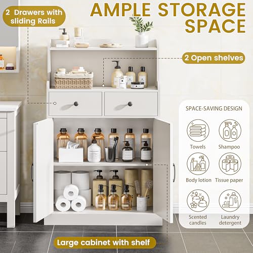 Farmhouse Bathroom Storage Cabinet with 2 Drawers & 2 Doors, Kitchen Cabinet Cupboard with Adjustable Shelves, Floor Storage Cabinet for Kitchen/Living Room/Bedroom, White