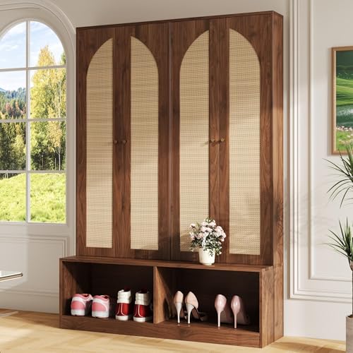 JIVOIT Bohemian Farmhouse Widen Hall Tree with 4 Rattan Doors, Versatile 4-In-1 Hall Tree, Mid-Century Entryway Shoe Cabinet with Adjustable Shelf and 6 Hooks, Seating Bench for Living Room - color: Walnut//53