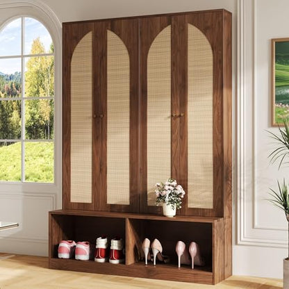 JIVOIT Bohemian Farmhouse Widen Hall Tree with 4 Rattan Doors, Versatile 4-In-1 Hall Tree, Mid-Century Entryway Shoe Cabinet with Adjustable Shelf and 6 Hooks, Seating Bench for Living Room - color: Walnut//53