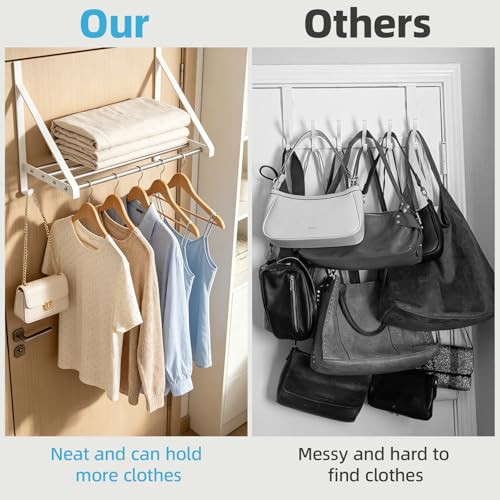 Adjustable Over the Door Clothes Hanger 12-23", 4 Stainless Steel Rod | Over Door Drying Rack with 2 Hooks, Clothes Hanger Drying Rack Fits Door Up to 1.85", White
