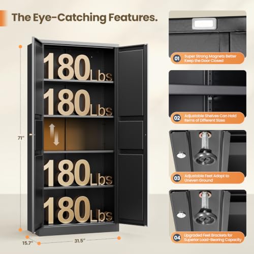 Metal Storage Cabinet with 2 Doors and 4 Adjustable Shelves - 71" Black Kitchen Pantry Storage Cabinet, 4-Tier Tall Steel Cabinet Locker for Kitchen, Living Room, Dining Room - color: Black, size: 71"H without Feet
