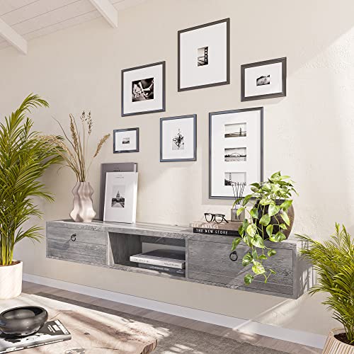 BELLEZE Modern Floating Wall Mounted 63 Inch TV Console with Built-in Shelf & Compartments, Space Saving Decorative Contemporary Media Storage, for Up to 100lbs - Langston (Gray Wash) - color: Gray Wash, style: Langston