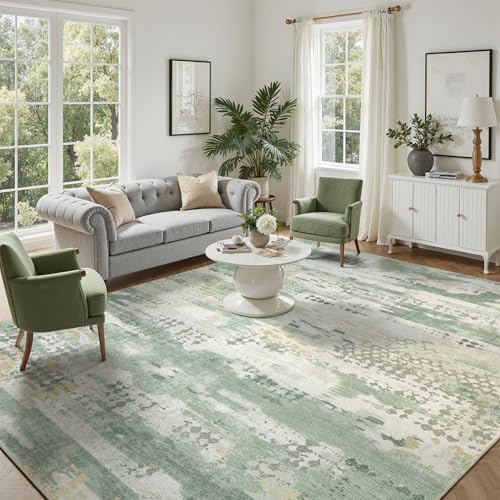 DCX Washable Abstract Area Rug 6x9, Non Slip Low Pile Rug, Sage Green | Easy to clean, non-shedding, soft, kid & pet friendly, with a non-slip rubber backing for living rooms, bedrooms, and offices - color: Green & White, size: 6' x 9' (Rectangular)