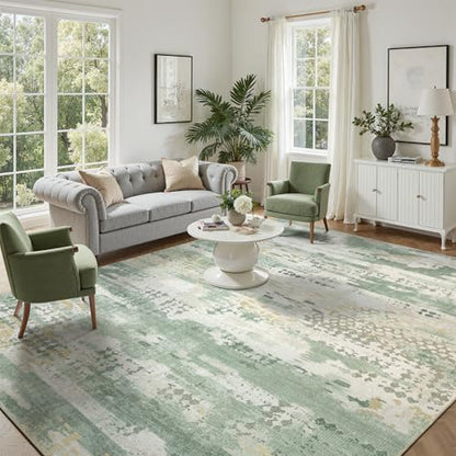 DCX Washable Abstract Area Rug 6x9, Non Slip Low Pile Rug, Sage Green | Easy to clean, non-shedding, soft, kid & pet friendly, with a non-slip rubber backing for living rooms, bedrooms, and offices - color: Green & White, size: 6' x 9' (Rectangular)