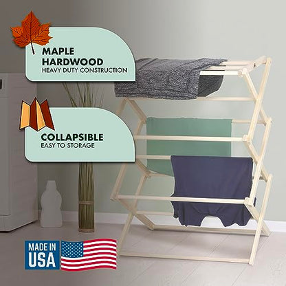 Premium American Maple Clothes Drying Rack - Handcrafted in Pennsylvania - Solid Wood Construction, Collapsible, Eco-Friendly Laundry Solution (Large) - color: Large | Flat Top