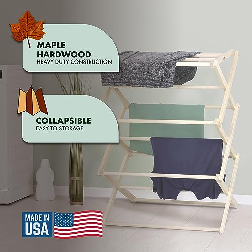Premium American Maple Clothes Drying Rack - Handcrafted in Pennsylvania - Solid Wood Construction, Collapsible, Eco-Friendly Laundry Solution (Medium) - color: Medium | Flat Top