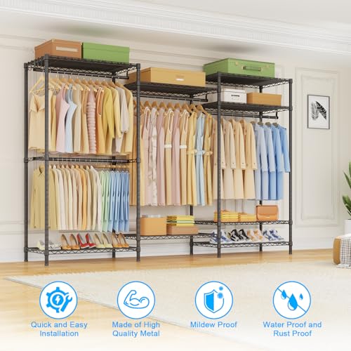 E13 Pro Heavy Duty Clothes Rack（With 4 Hanger Rods & 8 Shelves） Freestanding Clothing Racks for Hanging Clothes，Adjustable Closet，Metal Garment Rack 75" W x16 D x77 H，Max Load 1000LBS，Black - color: Black, size: E13 Pro