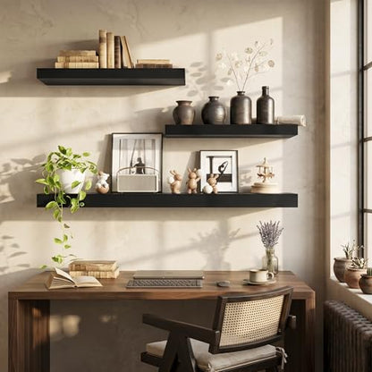 12 Inch Deep Floating Shelves, 12'' x 12'' Black Shelves Set of 2 | Invisible Brackets, Engineered Wood, Mounting Hardware Included, 30LBS, Bathroom, Laundry Room, Kitchen, Living Room - color: Black, size: 12W x 11.6D x 2H, 2 Pack