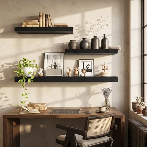 20 Inch Floating Shelves, 12'' Deep Black Shelves for Wall Set of 2 | Invisible Brackets, Engineered Wood, Mounting Hardware Included, 35LBS, Bathroom, Laundry Room, Kitchen, Living Room - color: Black, size: 20W x 11.6D x 2H, 2 Pack