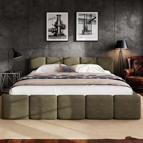 King Size Platform Bed, Boucle Thick Headboard and Footboard, Upholstery Grounded Beds, Block Style, White (Green, King) - color: Green, size: King