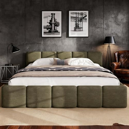 King Size Platform Bed, Boucle Thick Headboard and Footboard, Upholstery Grounded Beds, Block Style, White (Green, King) - color: Green, size: King