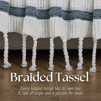 Boho Knitted Chenille Blanket with Tassels - Lightweight & Soft All-Season Throw - 3D Classic Pattern for Living Room Bedroom Couch, Celestial Blue(Striped), Twin 60"x80" - color: Celestial Blue(striped), size: Twin
