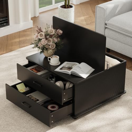 MALOL Square Storage Coffee Table with 2 Drawers, Hidden Storage Beneath Flip-Top Lid, Modern Fluted Wood Coffee Table with Solid Wood Legs for Living Room, Black - color: Black
