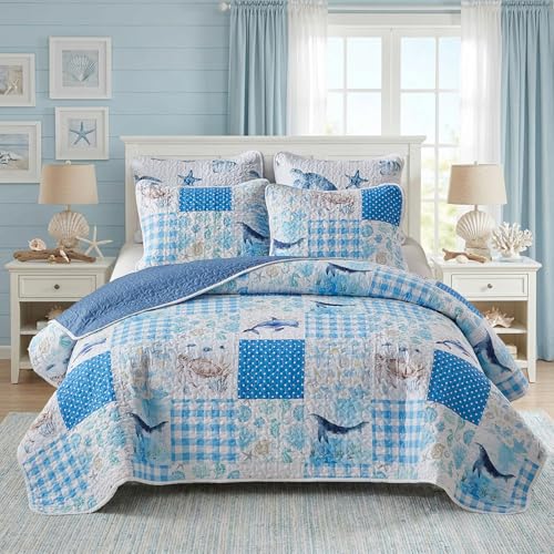 Patchwork Coastal Quilt Sets King Size - Reversible Microfiber Dolphin Turtle Ocean Style with Blue Whale Seahorse Soft Beach Bedding Nautical Bedspread Coverlet Summer Comforter with 2 Shams - color: Blue Whale, size: King-102*88in