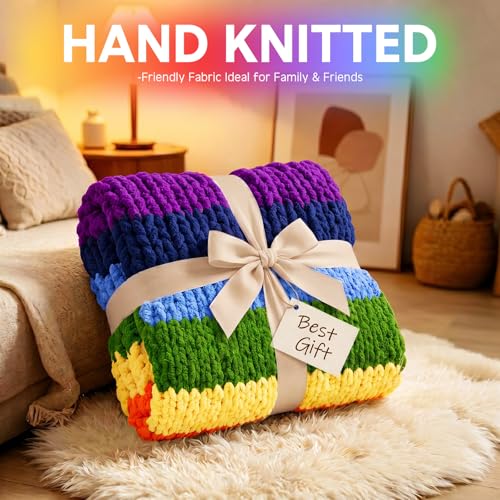 Rainbow Chunky Knit Throw Blanket 50"x60" Soft Knitted Throw Chenille Yarn Handmade Crochet Big Thick Blanket Rope Knot Blankets for Couch Sofa Bed Home Decoration