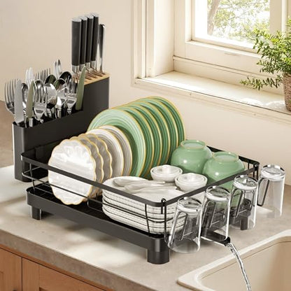 Runnatal Dish Drying Rack with Drainboard for Kitchen Counter and Sink | Large Dish Rack Rustproof Dish Drainer with Detachable 2-in-1 Utensil Holder, Extra Cup Holder, Black - color: Black, size: Standard