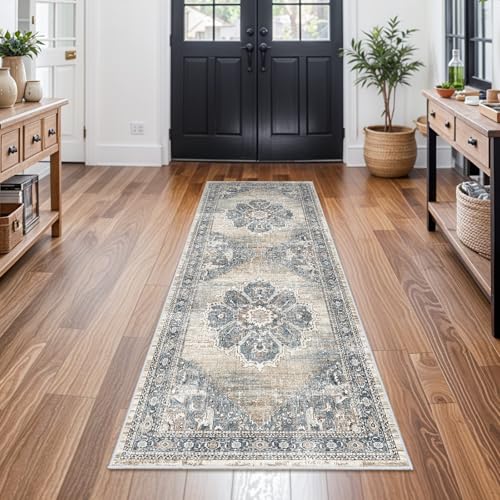 2x6 Hallway Runner Rug Washable: Soft Kitchen Rug Non Slip Runner with Rubber Backing for Living Room Bedroom Bathroom Non Shedding Farmhouse Carpet Runners (Blue, 2X6) - color: Blue, size: 2' x 6' (Rectangular)