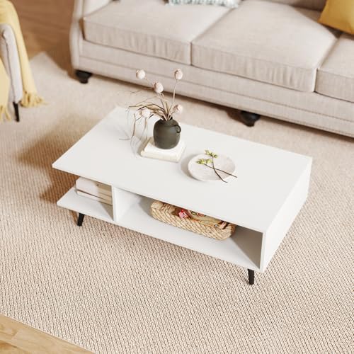 GOFLAME Wood Coffee Table, 2-Tier Mid Century Modern Center Table with 2 Open Storage Compartments & Metal Legs, Rectangular Accent Tea Tables for Living Room, Home Office, Apartment, White - color: White