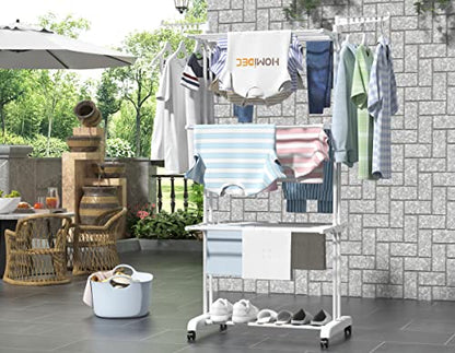 HOMIDEC Clothes Drying Rack, 4-Tier(67.7" H) Foldable Drying Rack Clothing | Foldable Stainless Steel Drying Rack, Movable Laundry Drying Rack with 4 Castors and 14 Hooks for Bed Linen, Clothing, White - color: White